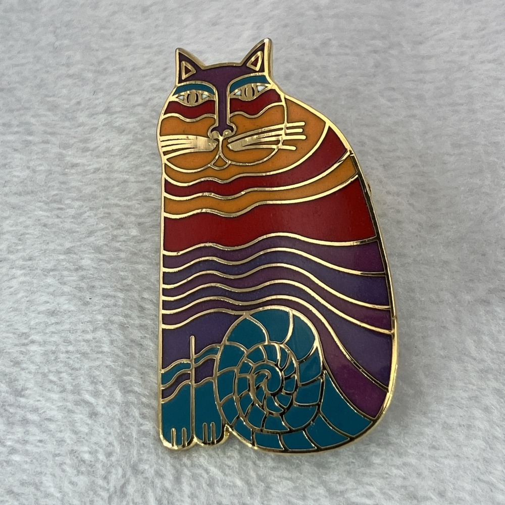 Laurel Burch Rainbow Cat Brooch Pin Signed Whimsical Gold Tone Kitty Collectible